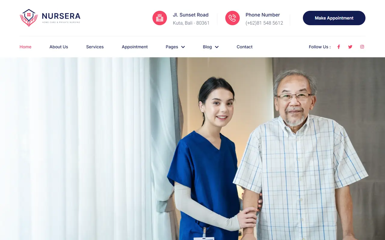 หน้าแรกของธีม Nursera Home Care บนคอมพิวเตอร์