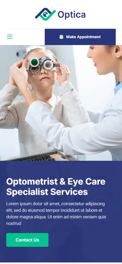 หน้าแรกของธีม Optica Optometrist บนมือถือ