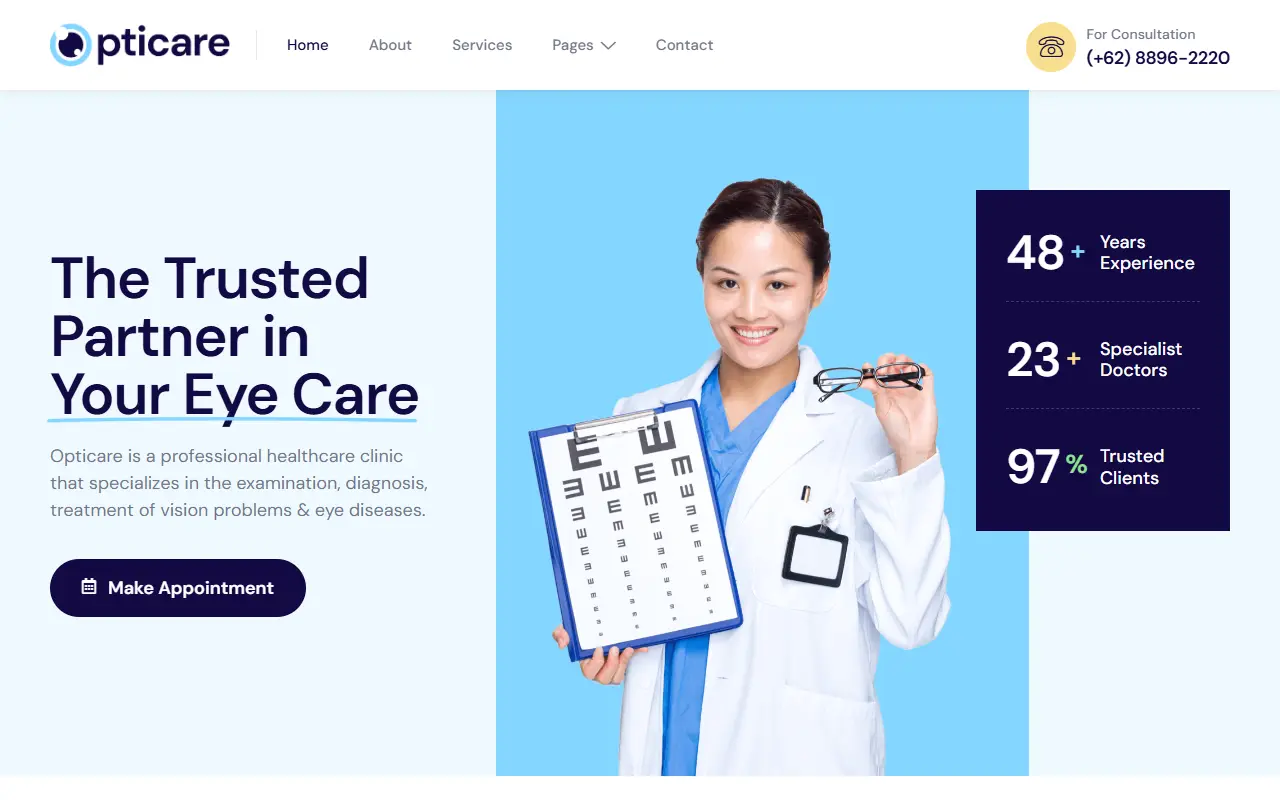 หน้าแรกของธีม Opticare Optometrist บนคอมพิวเตอร์