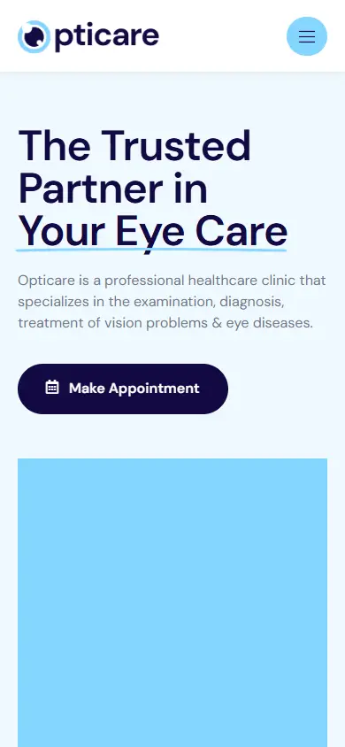 หน้าแรกของธีม Opticare Optometrist บนมือถือ