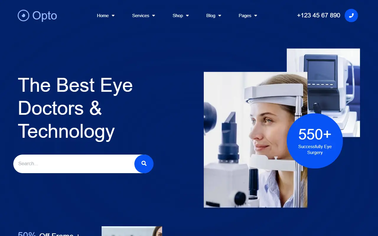 หน้าแรกของธีม Opto Eye Care Center บนคอมพิวเตอร์