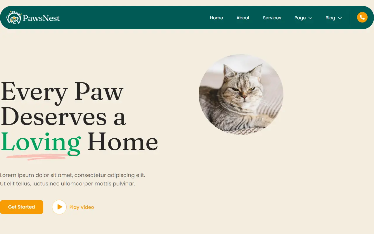 หน้าแรกของธีม PawsNest Animal Shelter บนคอมพิวเตอร์