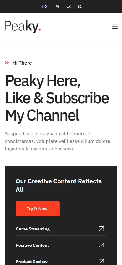 หน้าแรกของธีม Peaky Content Creator บนมือถือ