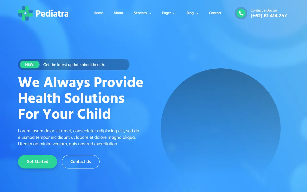 หน้าแรกของธีม Pediatra Pediatrician Clinic บนคอมพิวเตอร์