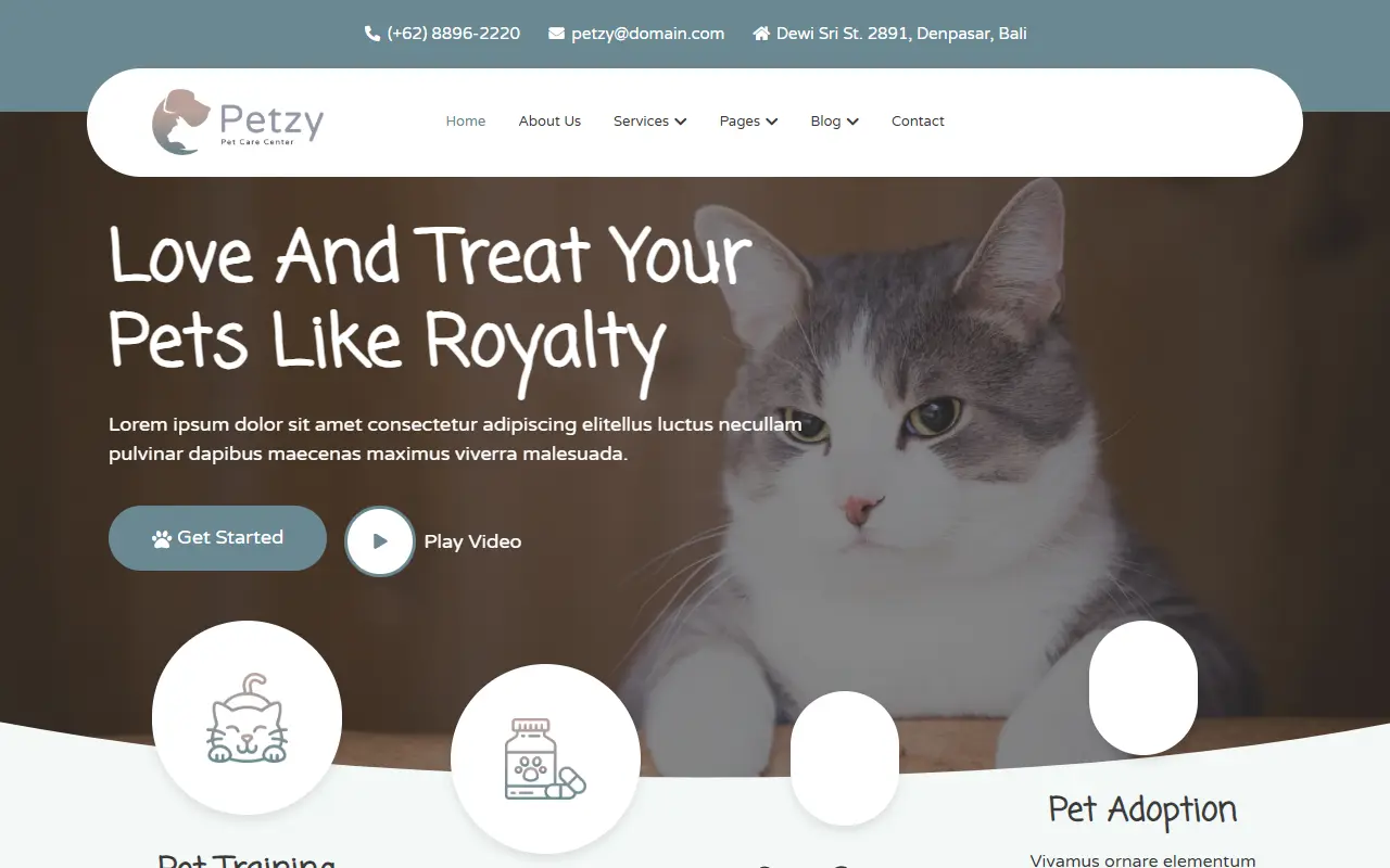 หน้าแรกของธีม Petzy Pet Care บนคอมพิวเตอร์