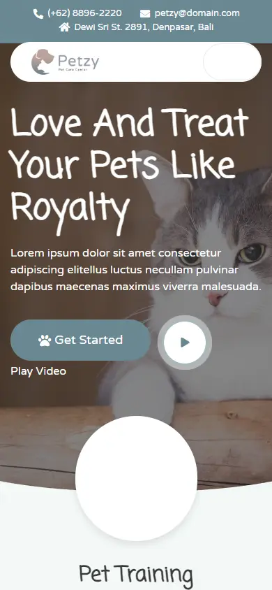 หน้าแรกของธีม Petzy Pet Care บนมือถือ