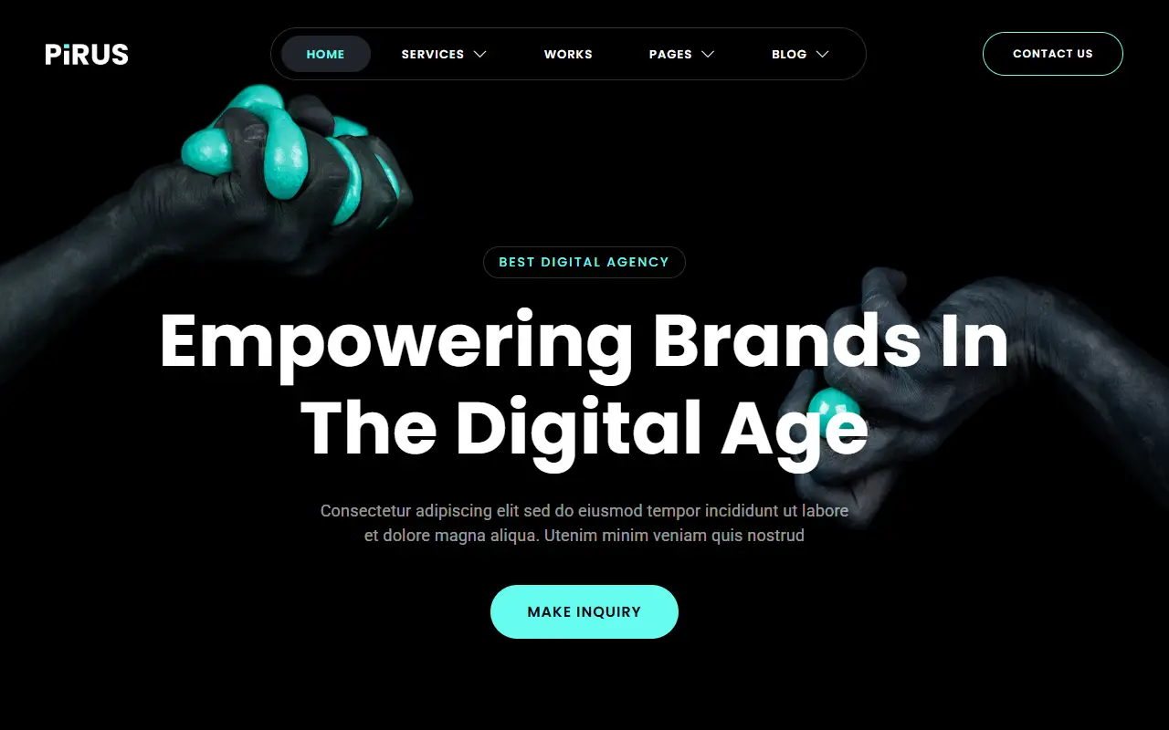 หน้าแรกของธีม PIRUS Dark Digital Agency บนคอมพิวเตอร์