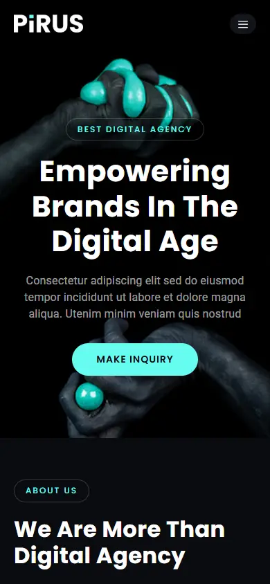 หน้าแรกของธีม PIRUS Dark Digital Agency บนมือถือ