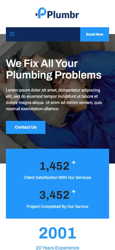 หน้าแรกของธีม Plumbr Plumbing Services บนมือถือ