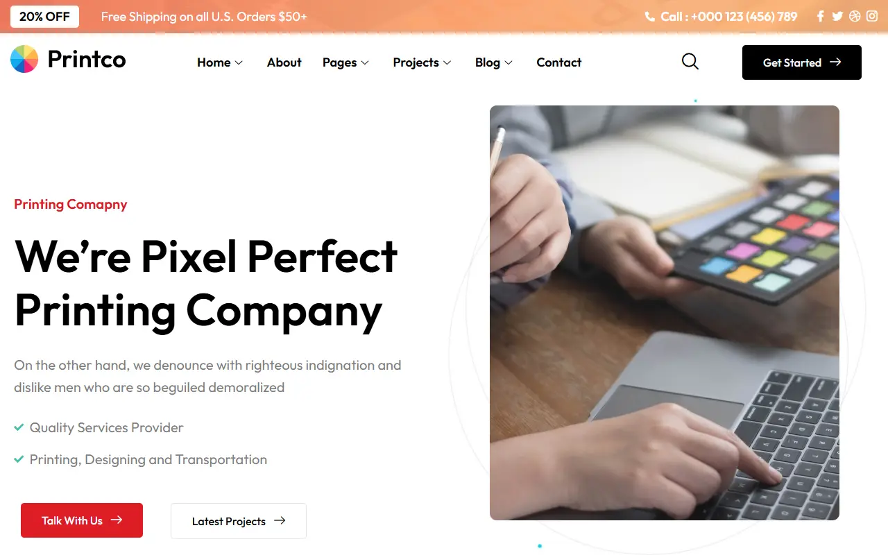 หน้าแรกของธีม Printco บนคอมพิวเตอร์