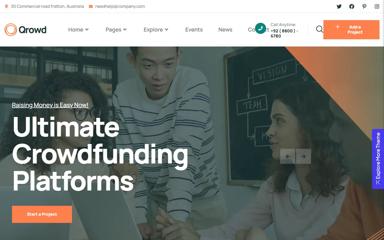 หน้าแรกของธีม Qrowd บนคอมพิวเตอร์