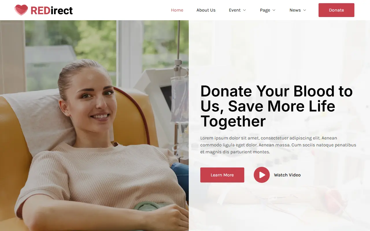 หน้าแรกของธีม Redirect Blood Donation Campaign บนคอมพิวเตอร์