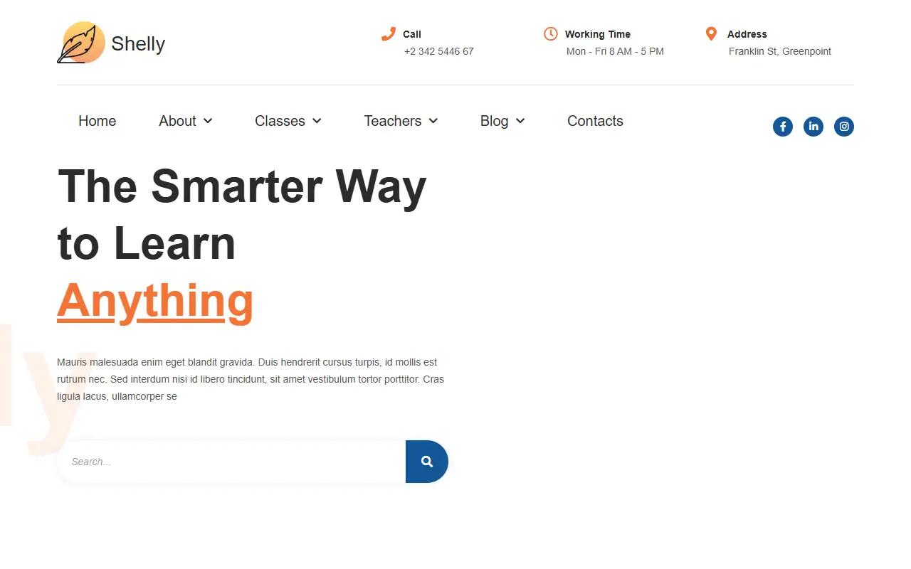 หน้าแรกของธีม Shelly School for Elementor บนคอมพิวเตอร์