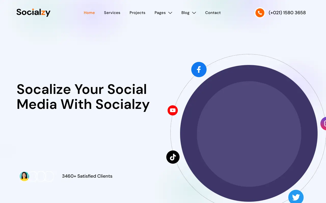 หน้าแรกของธีม Socialzy Social Media Marketing Agency บนคอมพิวเตอร์