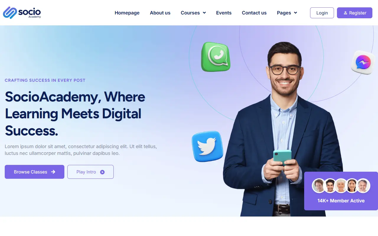 หน้าแรกของธีม SocioAcademy บนคอมพิวเตอร์