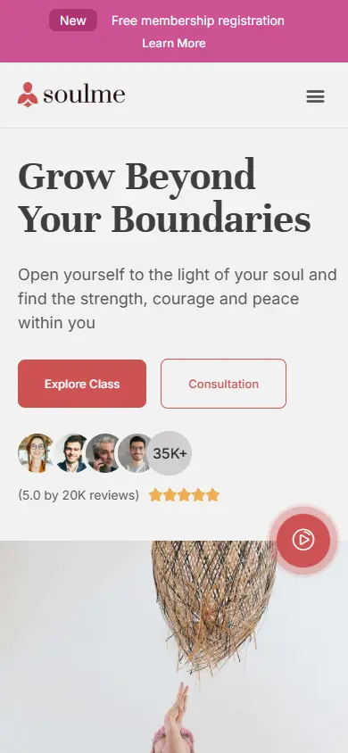 หน้าแรกของธีม Soulme Yoga Meditation บนมือถือ