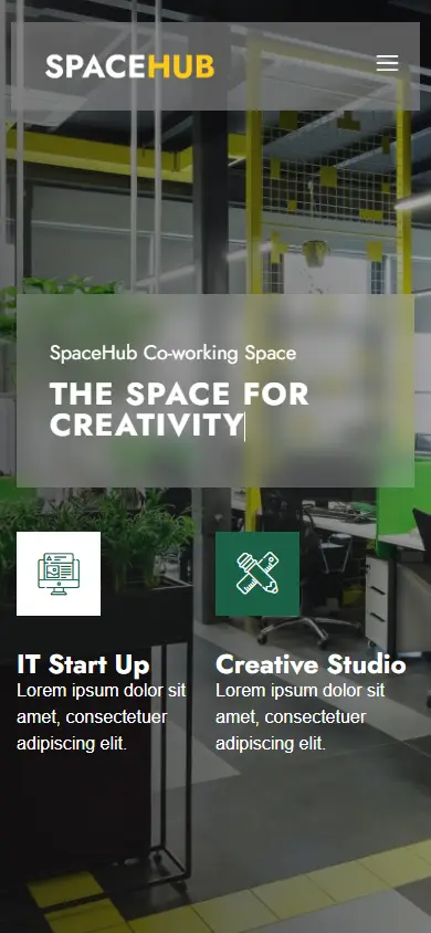 หน้าแรกของธีม Spacehub Coworking บนมือถือ