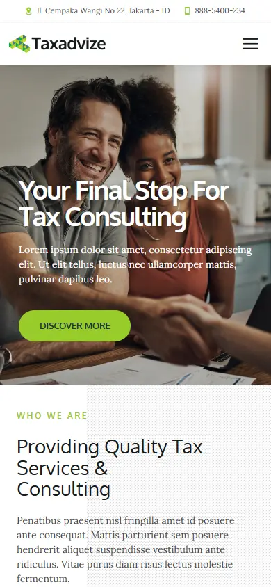หน้าแรกของธีม TaxAdvize บนมือถือ