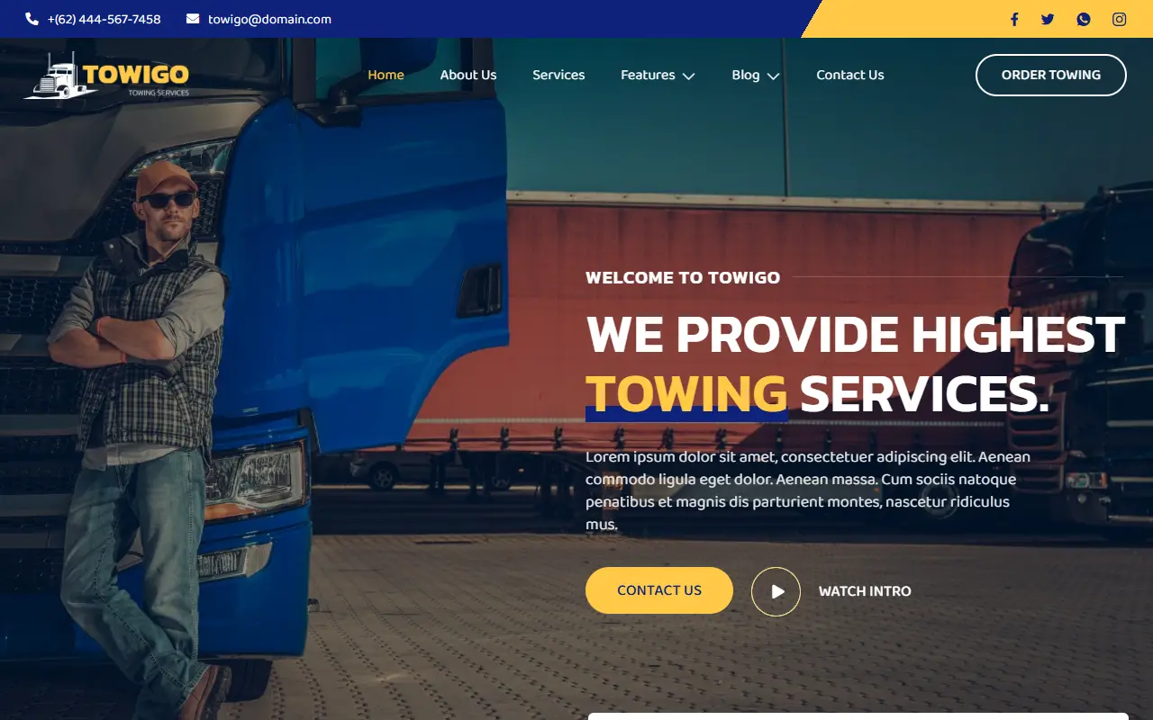 หน้าแรกของธีม Towigo – Emergency Towing Services บนคอมพิวเตอร์