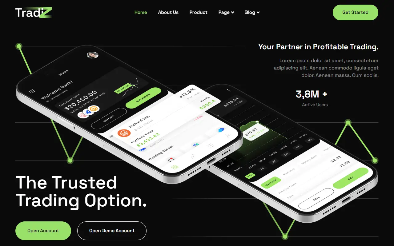 หน้าแรกของธีม Tradiz Trading Broker บนคอมพิวเตอร์