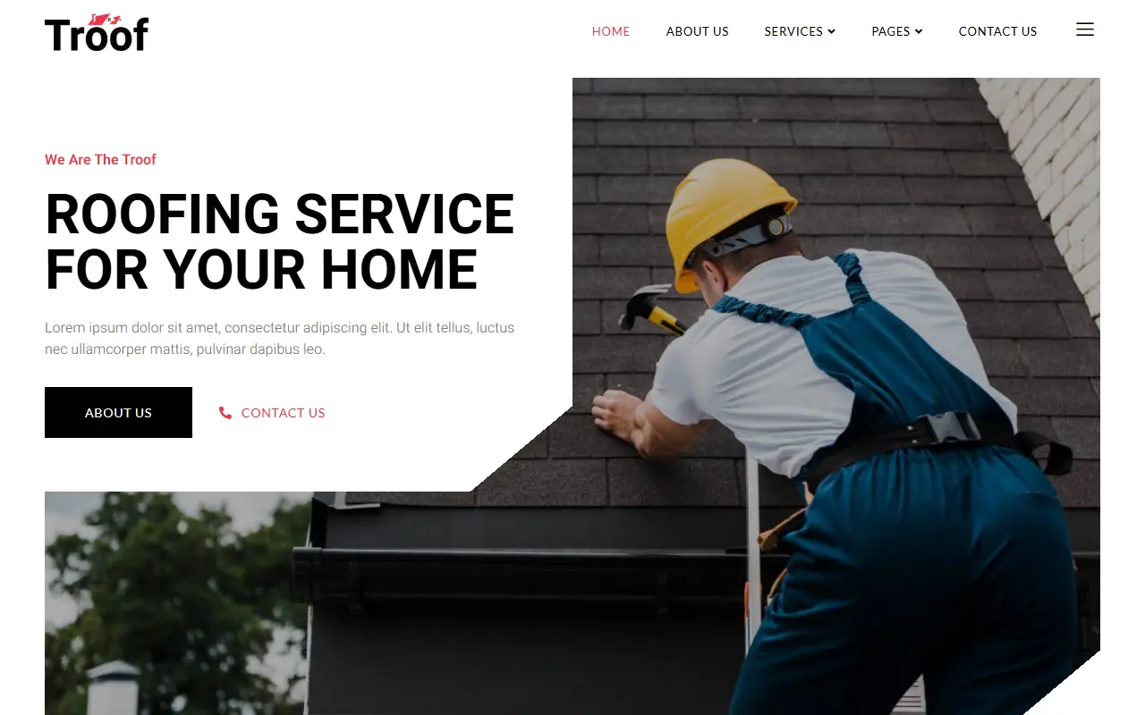 หน้าแรกของธีม Troof Roofing Service บนคอมพิวเตอร์