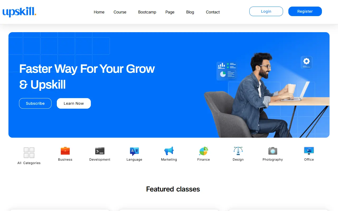 หน้าแรกของธีม Upskill บนคอมพิวเตอร์