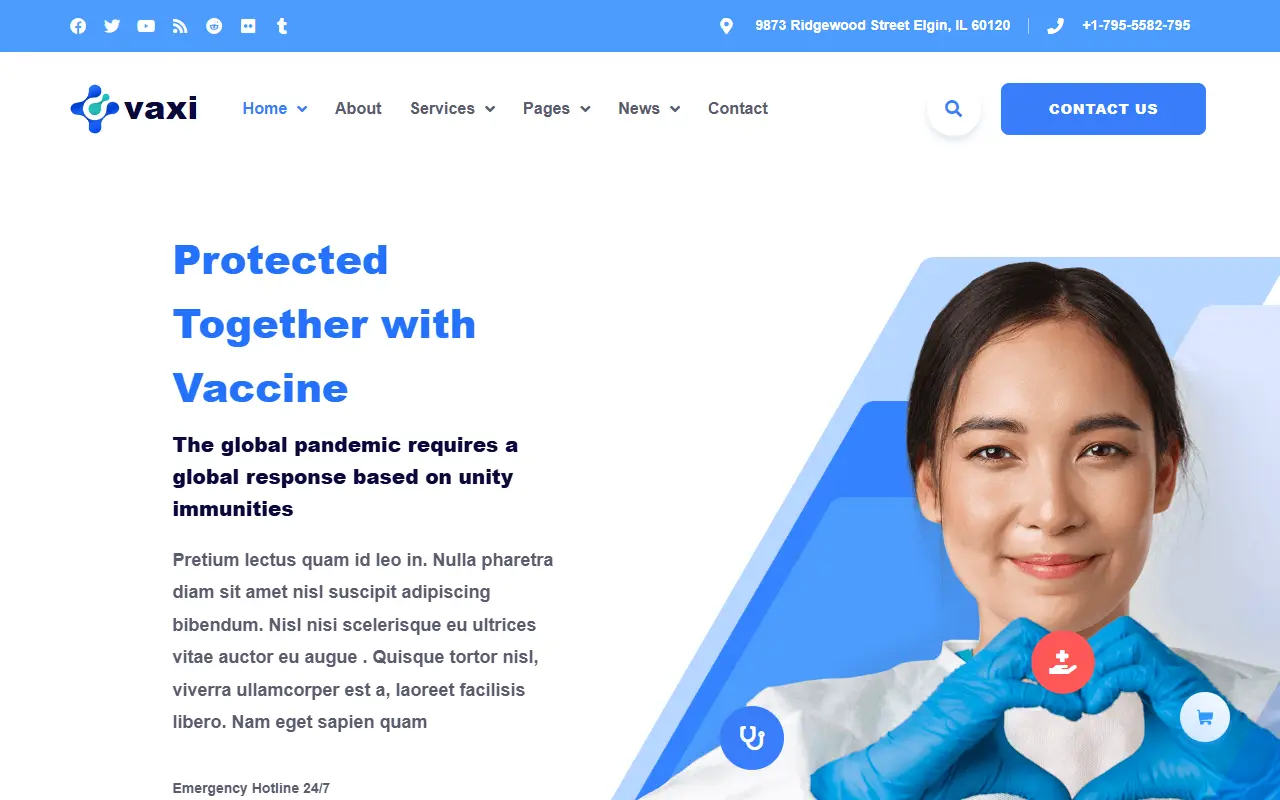 หน้าแรกของธีม Vaxi Covid-19 Vaccination บนคอมพิวเตอร์