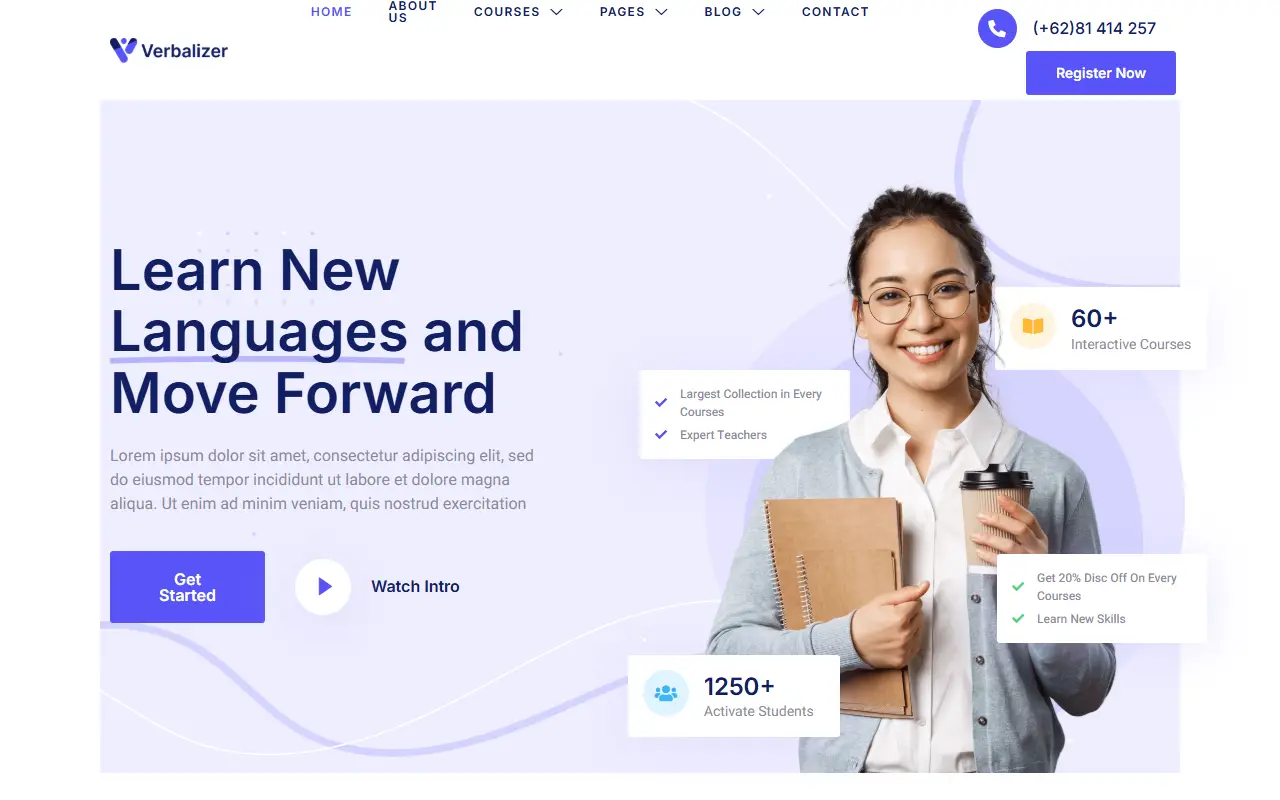หน้าแรกของธีม Verbalizer Language Courses บนคอมพิวเตอร์