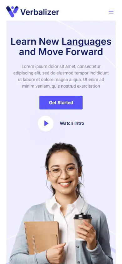 หน้าแรกของธีม Verbalizer Language Courses บนมือถือ