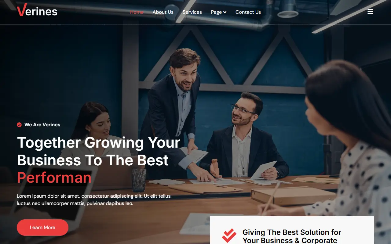 หน้าแรกของธีม Verines Professional Corporate บนคอมพิวเตอร์