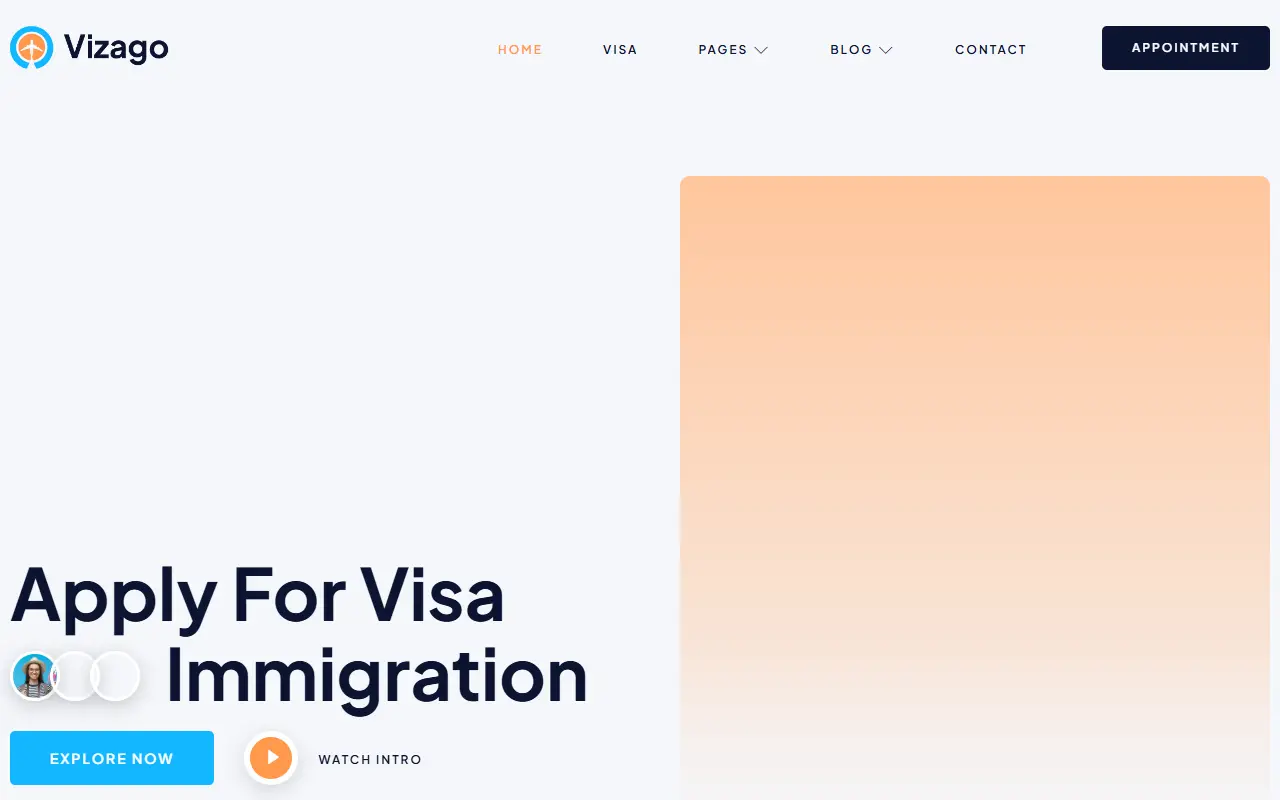 หน้าแรกของธีม Vizago Immigration บนคอมพิวเตอร์