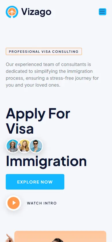 หน้าแรกของธีม Vizago Immigration บนมือถือ
