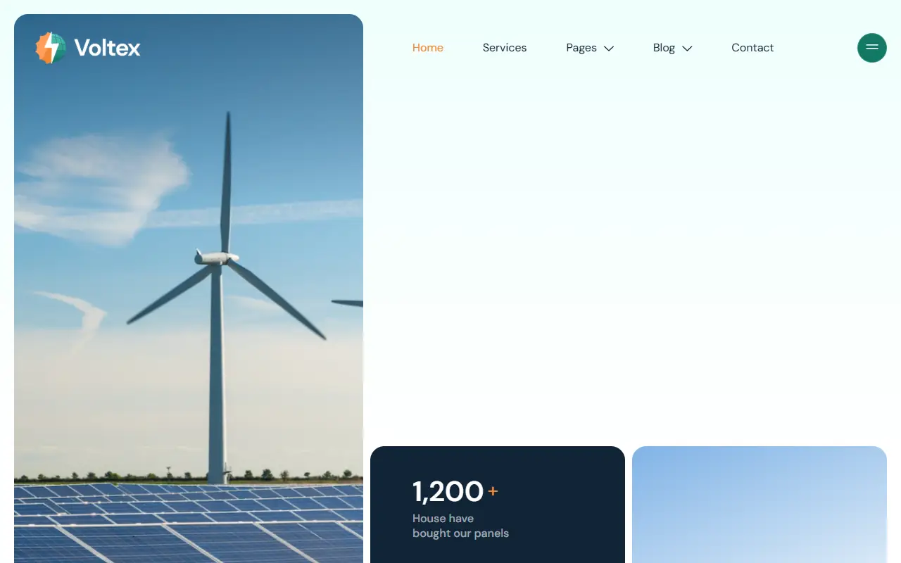 หน้าแรกของธีม Voltex Solar Panels บนคอมพิวเตอร์