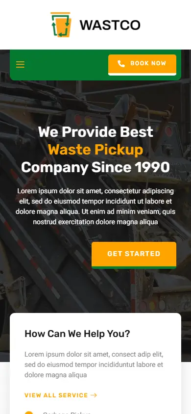 หน้าแรกของธีม Wastco Waste Pickup บนมือถือ