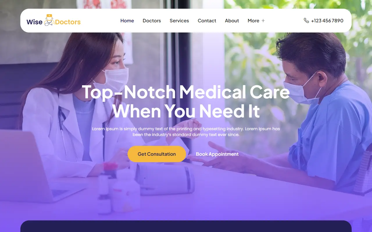 หน้าแรกของธีม WiseDoctors บนคอมพิวเตอร์
