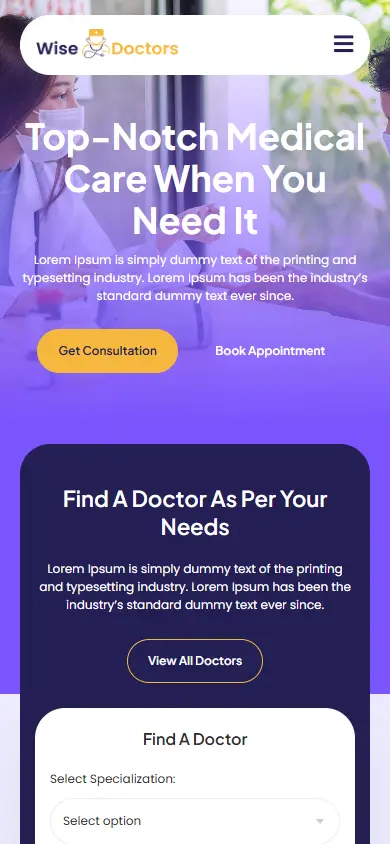 หน้าแรกของธีม WiseDoctors บนมือถือ