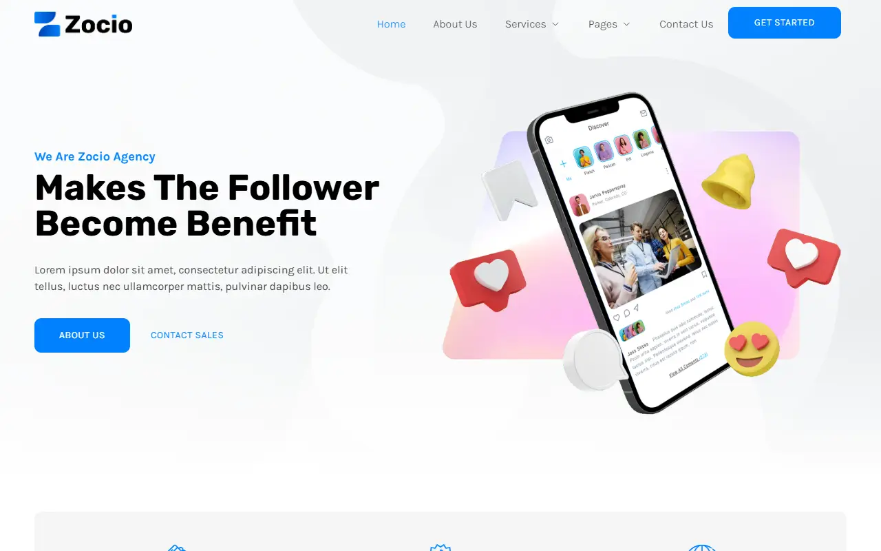หน้าแรกของธีม Zocio Social Media Marketing Agency บนคอมพิวเตอร์