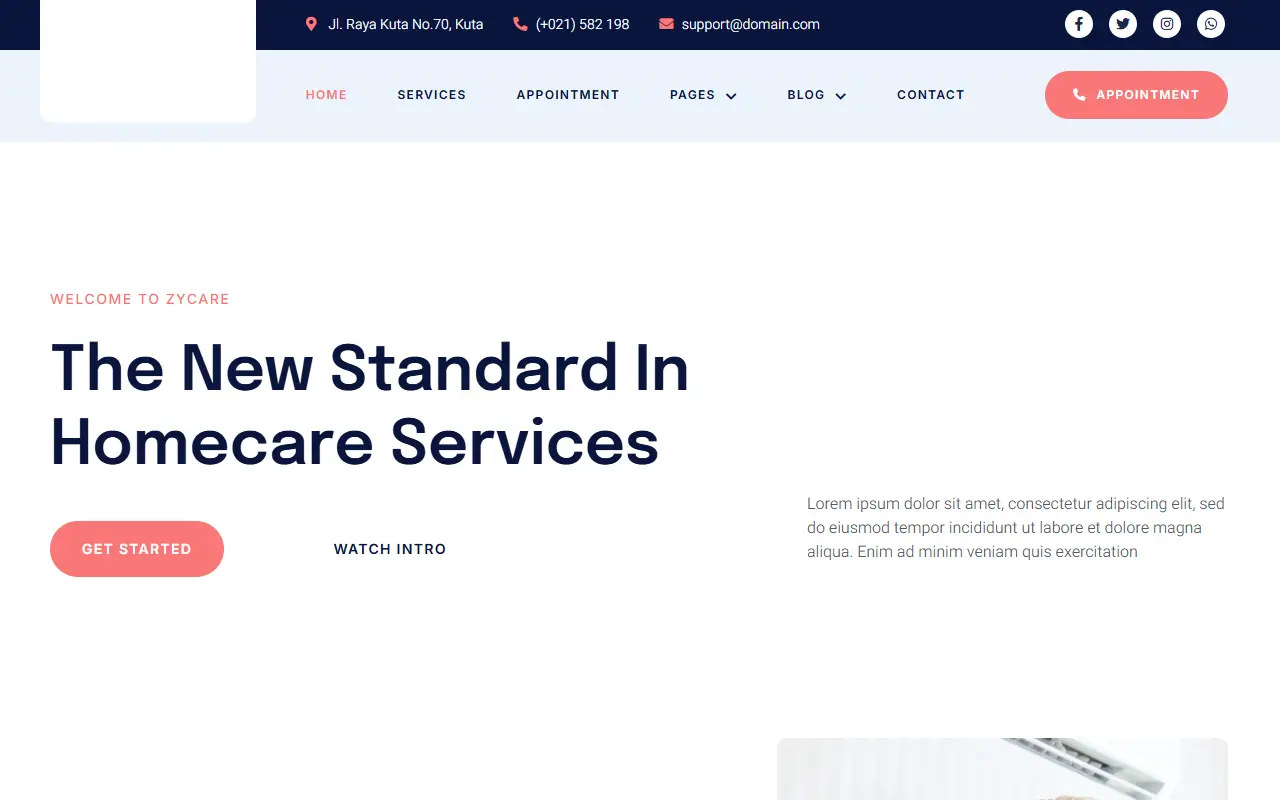 หน้าแรกของธีม Zycare In-home Care บนคอมพิวเตอร์